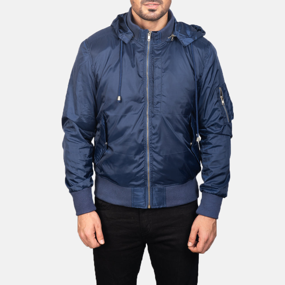 
ახლო ხედი of Knit Rib with Removable Nylon Hood & Zipper Hardware on Blue Hooded Bomber Jacket