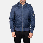 
ახლო ხედი of Knit Rib with Removable Nylon Hood & Zipper Hardware on Blue Hooded Bomber Jacket