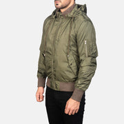 
Green Nylon Bomber Jacket - უკანა ხედი გამოკვეთილი მხრებით და სუფთა დაბოლოებით