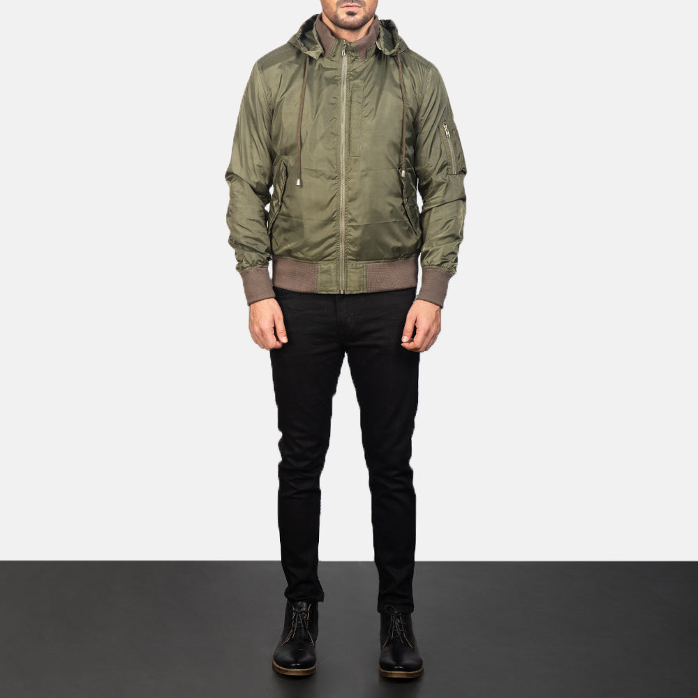 
Hanklin Ma-1 Green Hooded Bomber Jacket - გვერდითი პროფილი ერგონომიული სახელოს ჭრით