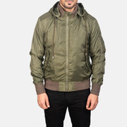 
ახლო ხედი of Knit Rib with Removable Nylon Hood & Zipper Hardware on Hanklin Ma-1 Green Hooded Bomber Jacket