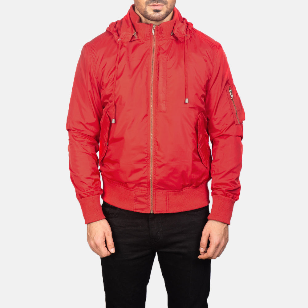
ახლო ხედი of Knit Rib with Removable Nylon Hood & Zipper Hardware on Hanklin Ma-1 Red Hooded Bomber Jacket