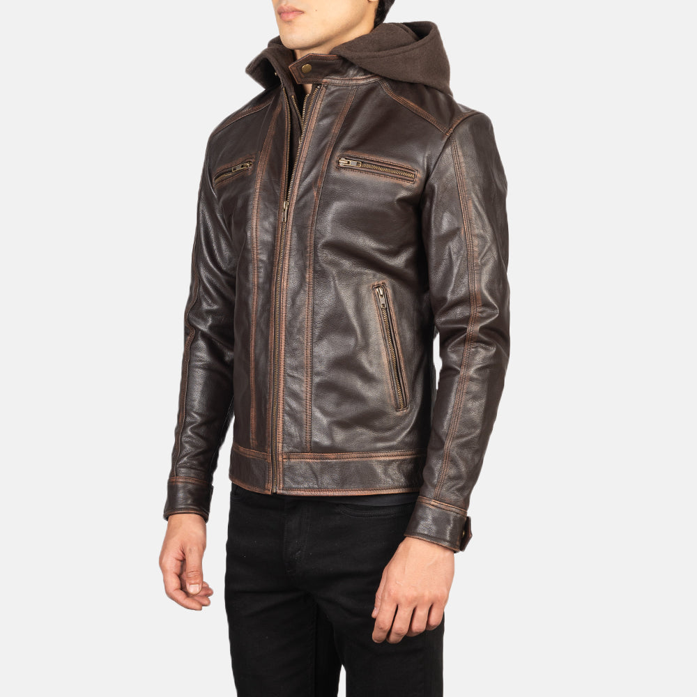 
Vintage Brown Goatskin Leather Biker Jacket - უკანა ხედი გამოკვეთილი მხრებით და სუფთა დაბოლოებით