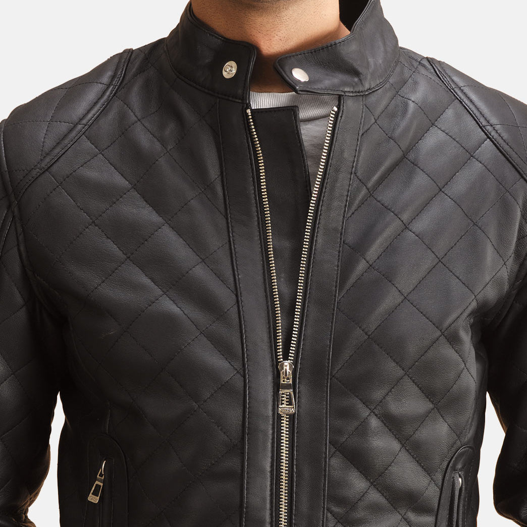 
ახლო ხედი of Band with Snap Button & Zipper Hardware on Henry ნაკერიანი შავი ტყავის ქურთუკი მამაკაცის