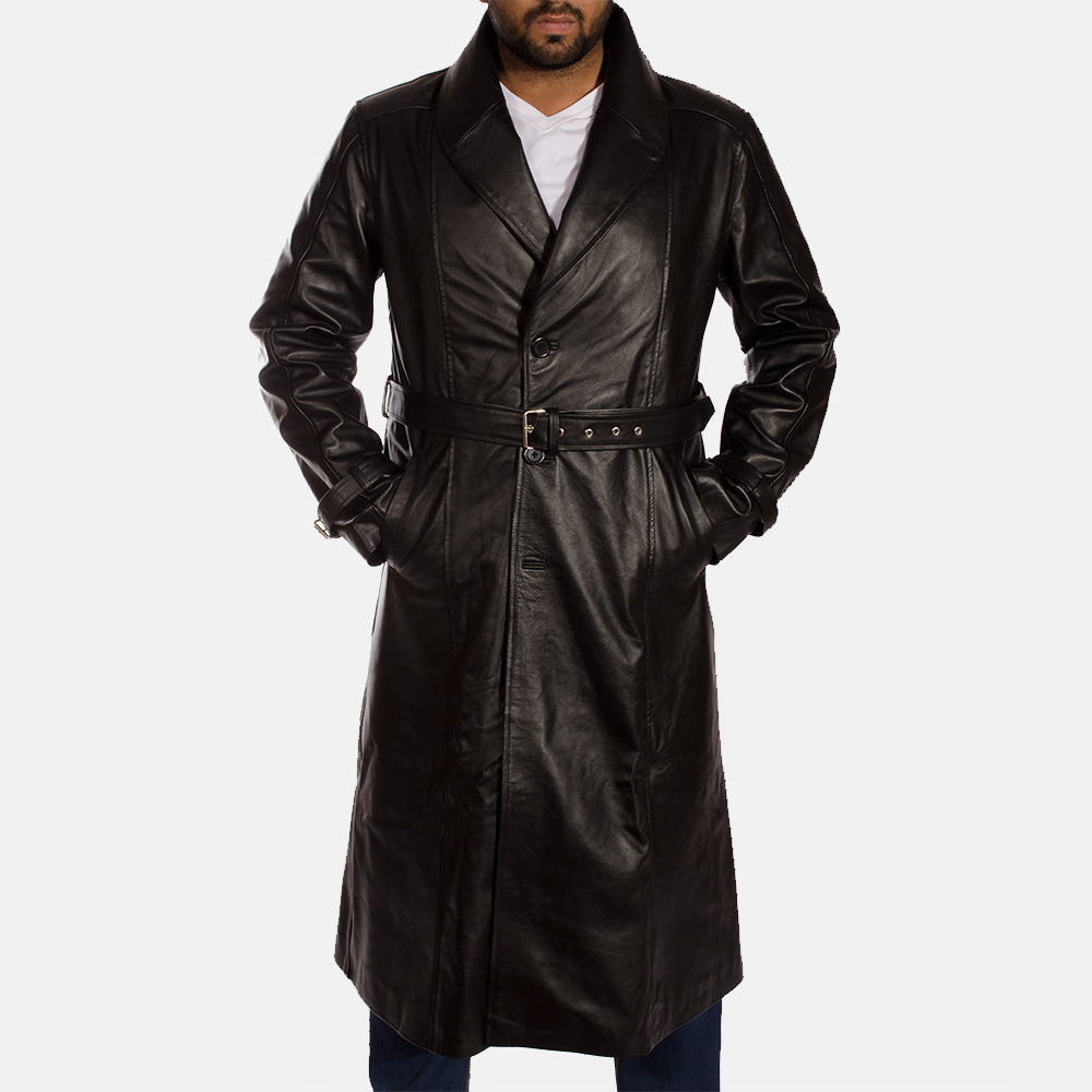 
Hooligan შავი ტყავის ტრენჩი მამაკაცის in Black Cowhide Leather - წინა ხედი და მორგებული სილუეტი | შეიძინეთ ონლაინ