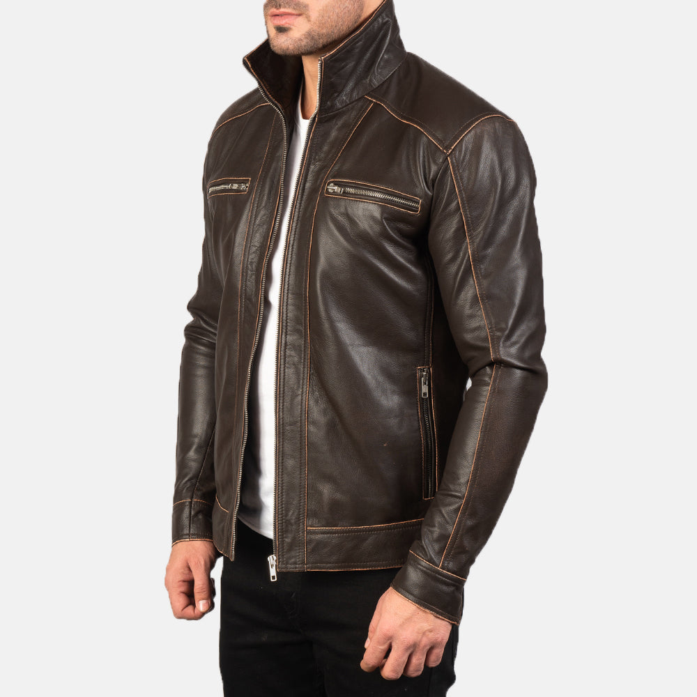 Styled Fit Perspective of Hudson Black Leather Biker Jacket on Model - Natural Daylight Drape