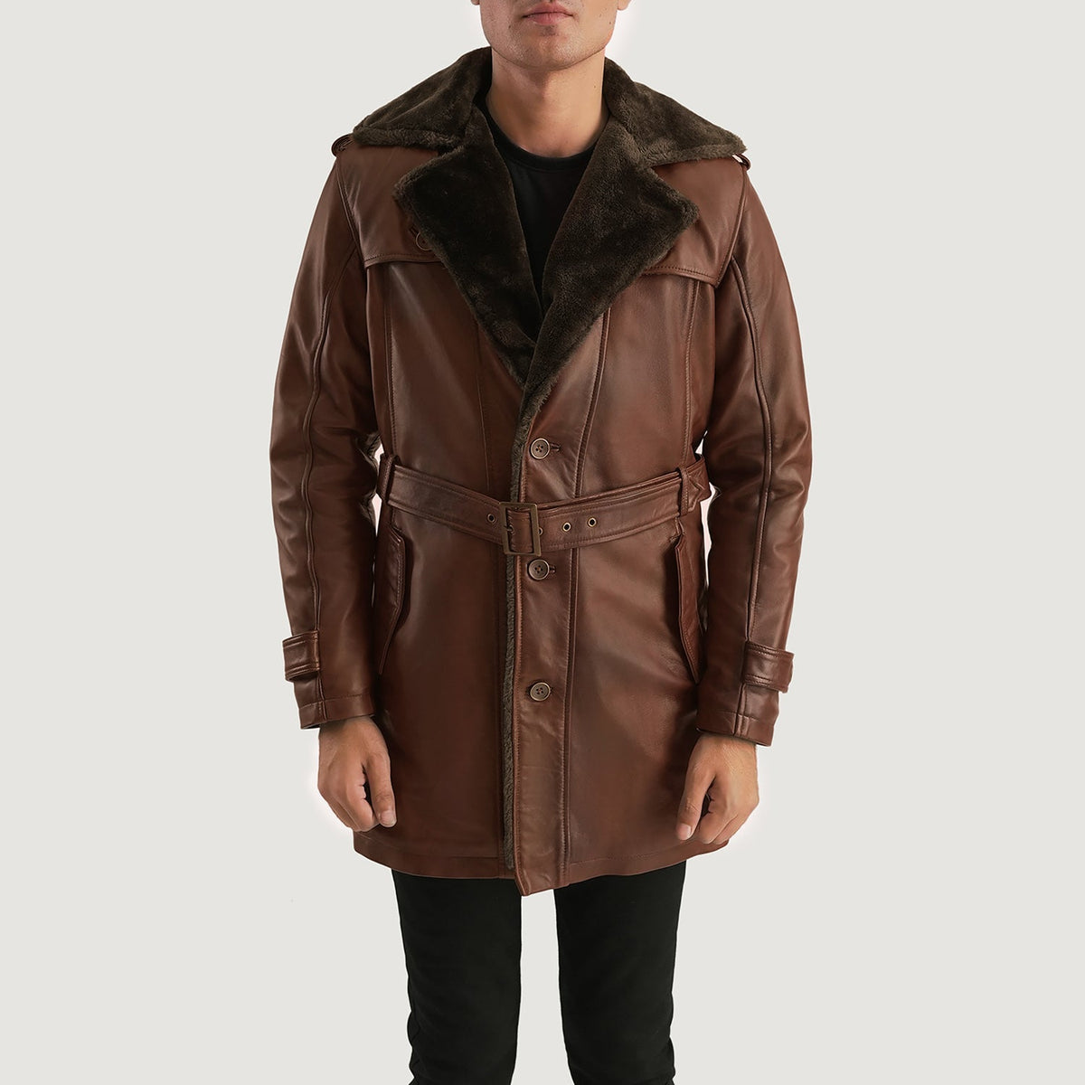 
Hunter Distressed ყავისფერი Fur ტყავის პალტო მამაკაცის in Distressed Brown Sheepskin Burnishing - წინა ხედი და მორგებული სილუეტი | შეიძინეთ ონლაინ