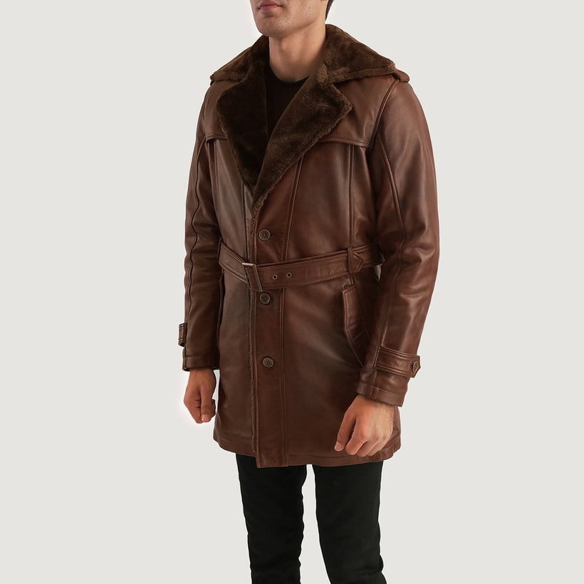 Hunter Distressed ყავისფერი Fur ტყავის პალტო მამაკაცის