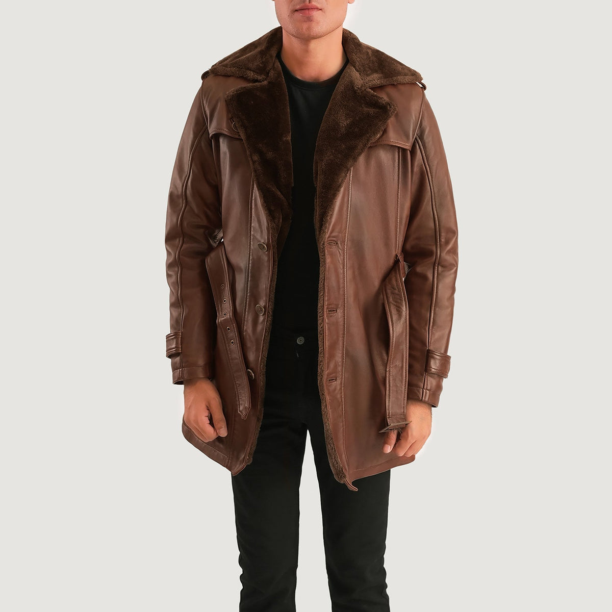 
Hunter Distressed ყავისფერი Fur ტყავის პალტო მამაკაცის - გვერდითი პროფილი ერგონომიული სახელოს ჭრით