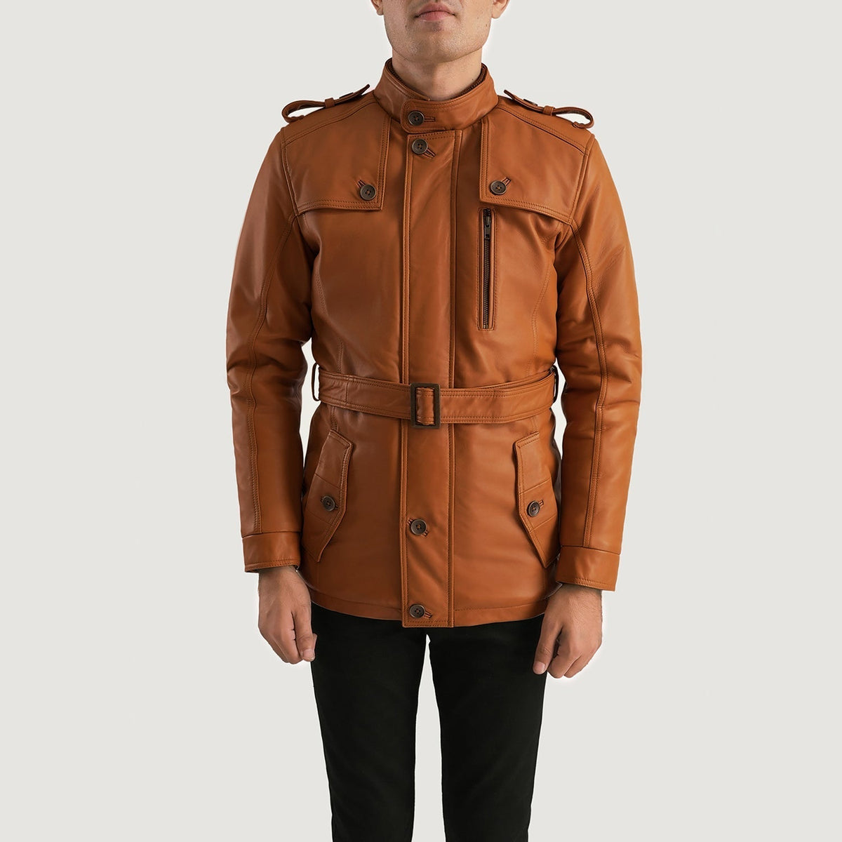 
ახლო ხედი of Band (Buttoned) & Zipper with Button Flap Hardware on Hunter ტანი ყავისფერი Fur ტყავის ქურთუკი მამაკაცის