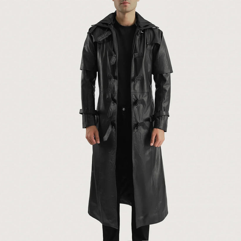 Huntsman შავი Hooded ტყავის ტრენჩი მამაკაცის