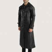 
Black. Cowhide Leather Trench Coat - უკანა ხედი გამოკვეთილი მხრებით და სუფთა დაბოლოებით
