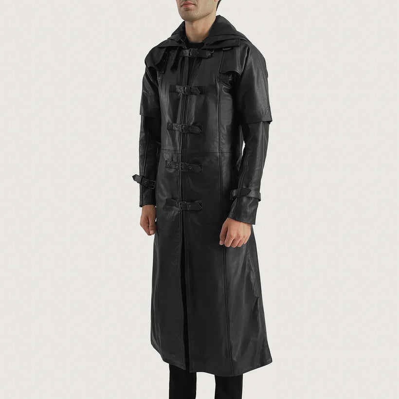 Huntsman შავი Hooded ტყავის ტრენჩი მამაკაცის
