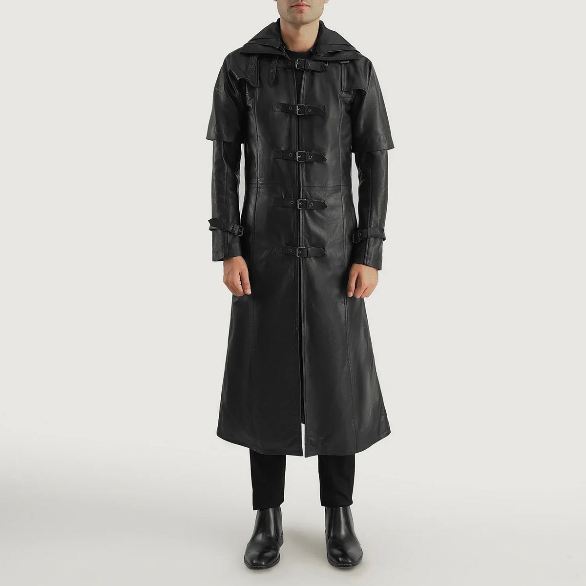 
Huntsman შავი Hooded ტყავის ტრენჩი მამაკაცის - გვერდითი პროფილი ერგონომიული სახელოს ჭრით