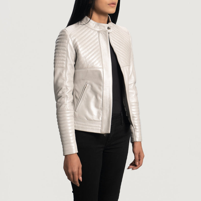 Ice Maiden Silver Quilted ტყავის ბაიკერის ქურთუკი ქალის