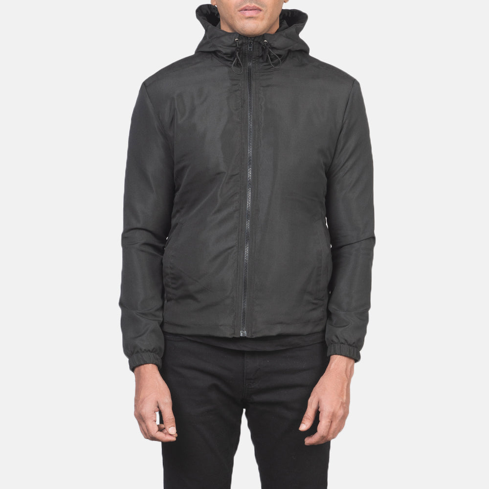 ახლო ხედი of High Neck with Hood & Zipper with wind flap Hardware on Jimmy Black Hooded Windbreaker Jacket