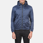 
Jimmy ლურჯი Hooded Windbreaker ტყავის ქურთუკი მამაკაცის in Blue Nylon - წინა ხედი და მორგებული სილუეტი | შეიძინეთ ონლაინ