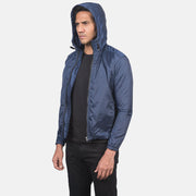 
ახლო ხედი of High Neck with Hood & Zipper with wind flap Hardware on Jimmy ლურჯი Hooded Windbreaker ტყავის ქურთუკი მამაკაცის