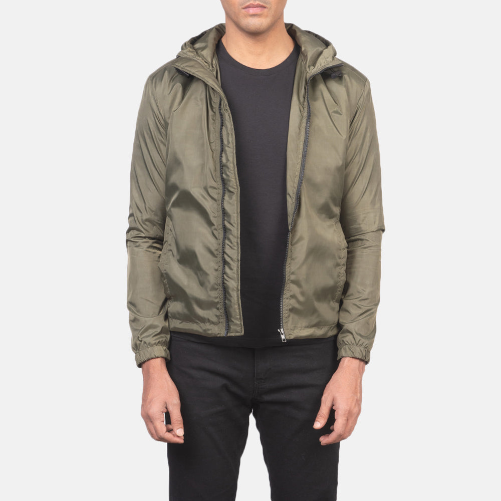 
Jimmy მწვანე Hooded Windbreaker ტყავის ქურთუკი მამაკაცის in Green Nylon - წინა ხედი და მორგებული სილუეტი | შეიძინეთ ონლაინ