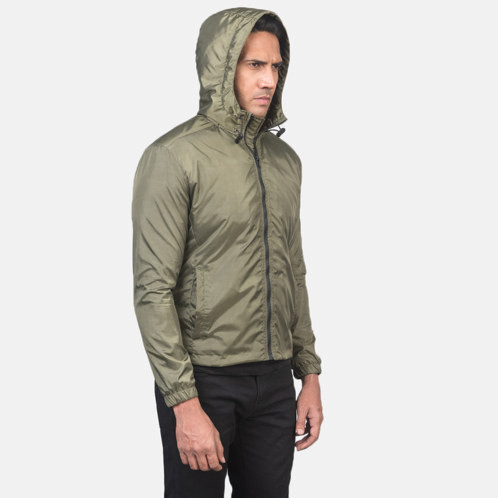
Green Nylon Hooded Jacket - უკანა ხედი გამოკვეთილი მხრებით და სუფთა დაბოლოებით