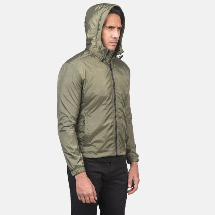 Jimmy მწვანე Hooded Windbreaker ტყავის ქურთუკი მამაკაცის