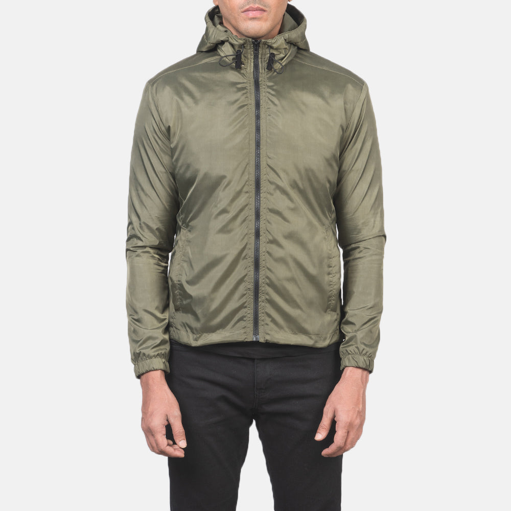 ახლო ხედი of High Neck with Hood & Zipper with wind flap Hardware on Jimmy Green Hooded Windbreaker Jacket