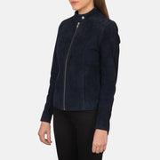 
Navy Blue Goatskin Suede Biker Jacket - უკანა ხედი გამოკვეთილი მხრებით და სუფთა დაბოლოებით