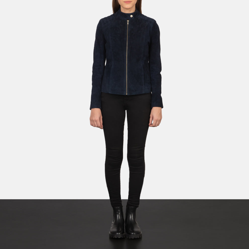 
Kelsee Navy Blue Suede Biker Jacket - გვერდითი პროფილი ერგონომიული სახელოს ჭრით