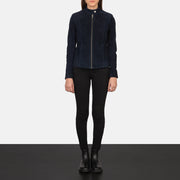 
Kelsee Navy Blue Suede Biker Jacket - გვერდითი პროფილი ერგონომიული სახელოს ჭრით