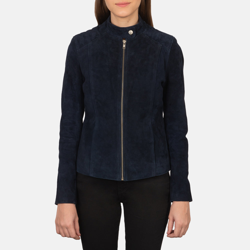 
ღილიანი საყელოსა და ელვების ახლო ხედი Kelsee Navy Blue Suede Biker Jacket