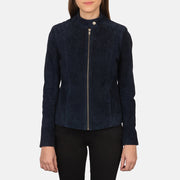 
ღილიანი საყელოსა და ელვების ახლო ხედი Kelsee Navy Blue Suede Biker Jacket
