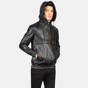 
ახლო ხედი of Classic Collar & Heavy-Duty Zipper Hardware on Kenton Hooded Blue Suede Pullover Jacket