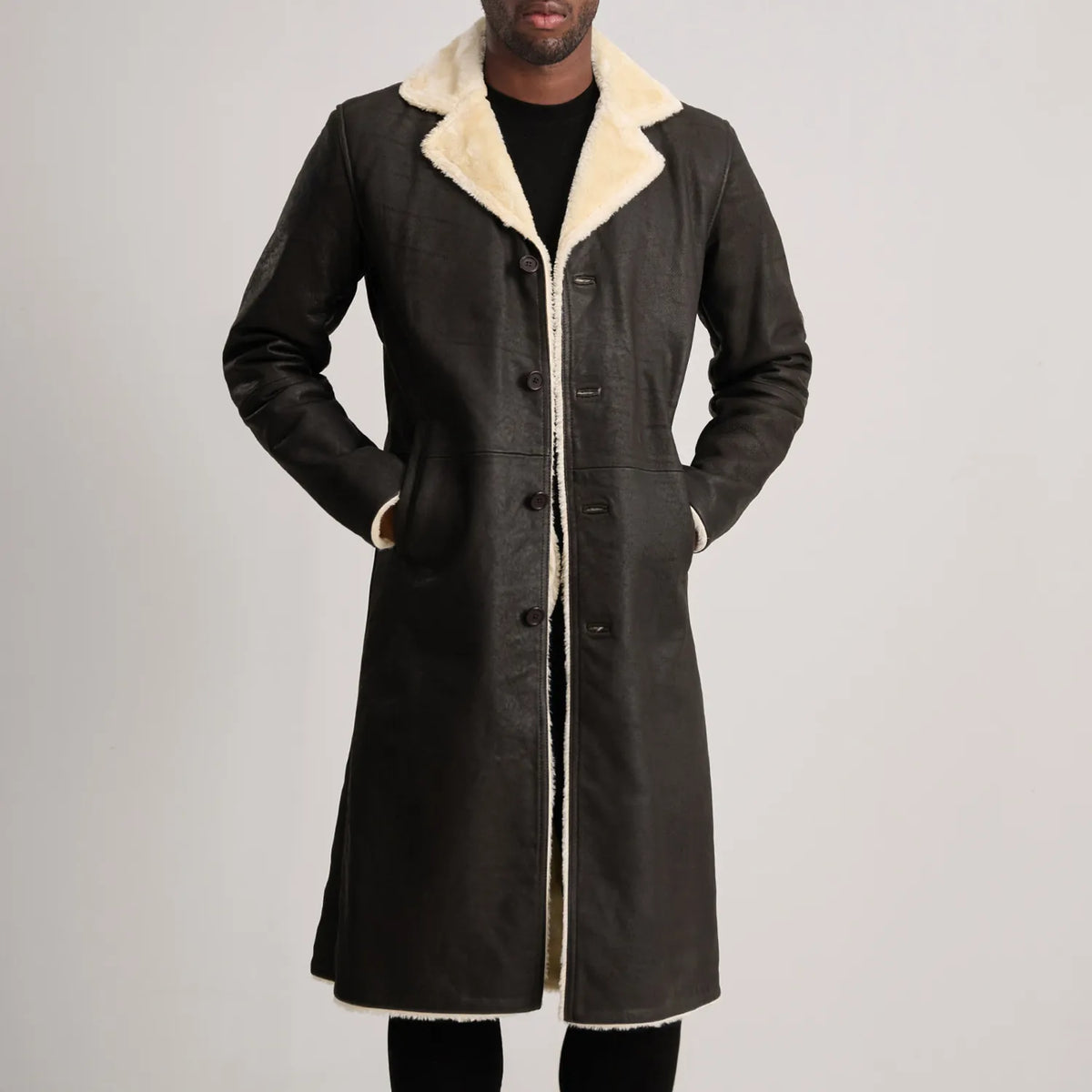 
ახლო ხედი of Notch & Button Hardware on Kolby Tumbled Brown Shearling Long Coat