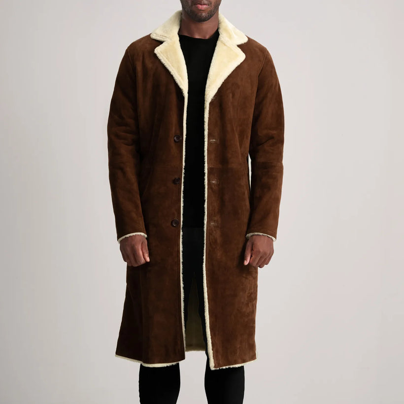 Kolby ყავისფერი Suede Shearling ტყავის პალტო მამაკაცის
