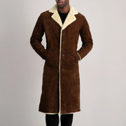 
ახლო ხედი of Notch & Button Hardware on Kolby Brown Suede Shearling Long Coat