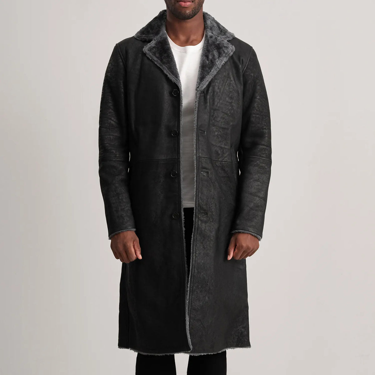 
Kolby Distressed Black Shearling Long Coat in Distressed Black Sheepskin Snuffed - წინა ხედი და მორგებული სილუეტი | შეიძინეთ ონლაინ