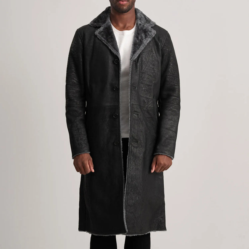 Kolby Distressed შავი Leather Shearling ტყავის პალტო მამაკაცის