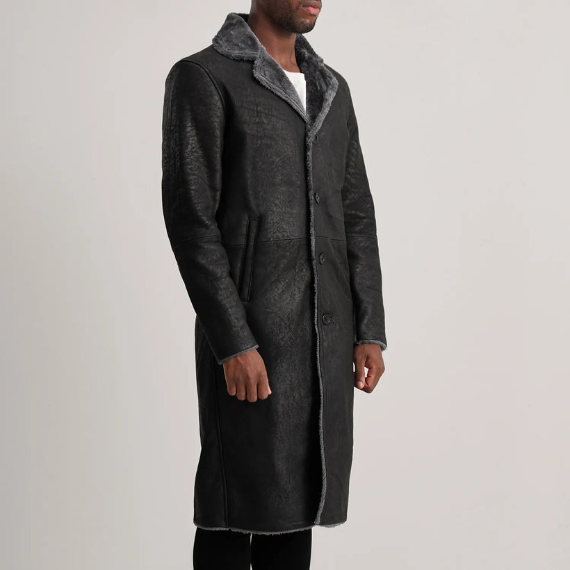 Kolby Distressed შავი Leather Shearling ტყავის პალტო მამაკაცის