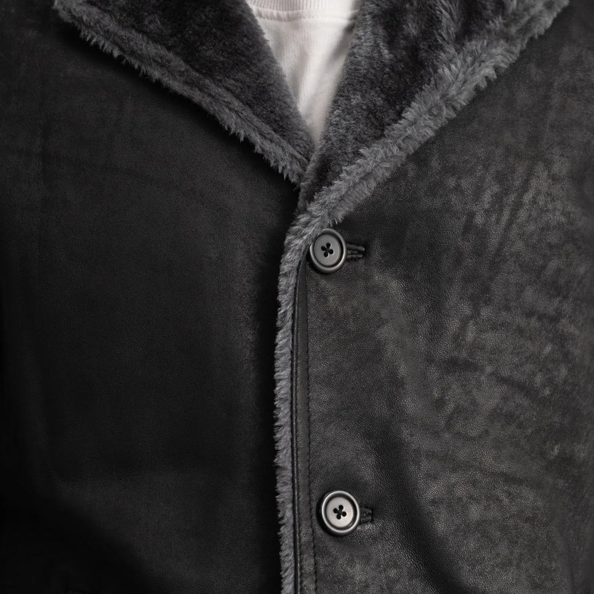 
ახლო ხედი of Notch & Button Hardware on Kolby Distressed Black Shearling Long Coat