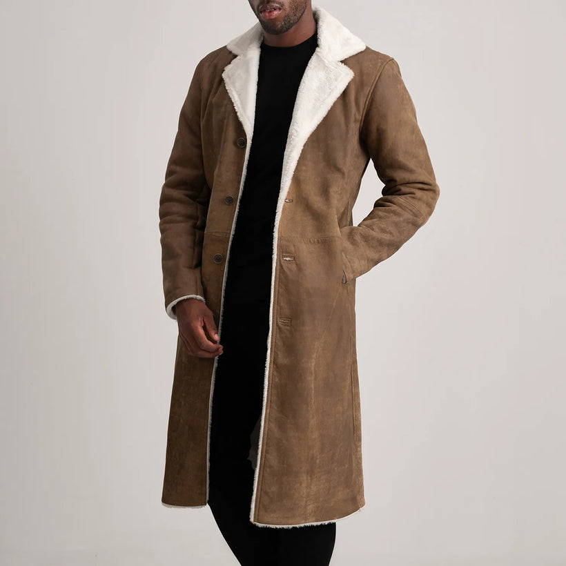 Kolby Distressed ყავისფერი Leather Shearling ტყავის პალტო მამაკაცის