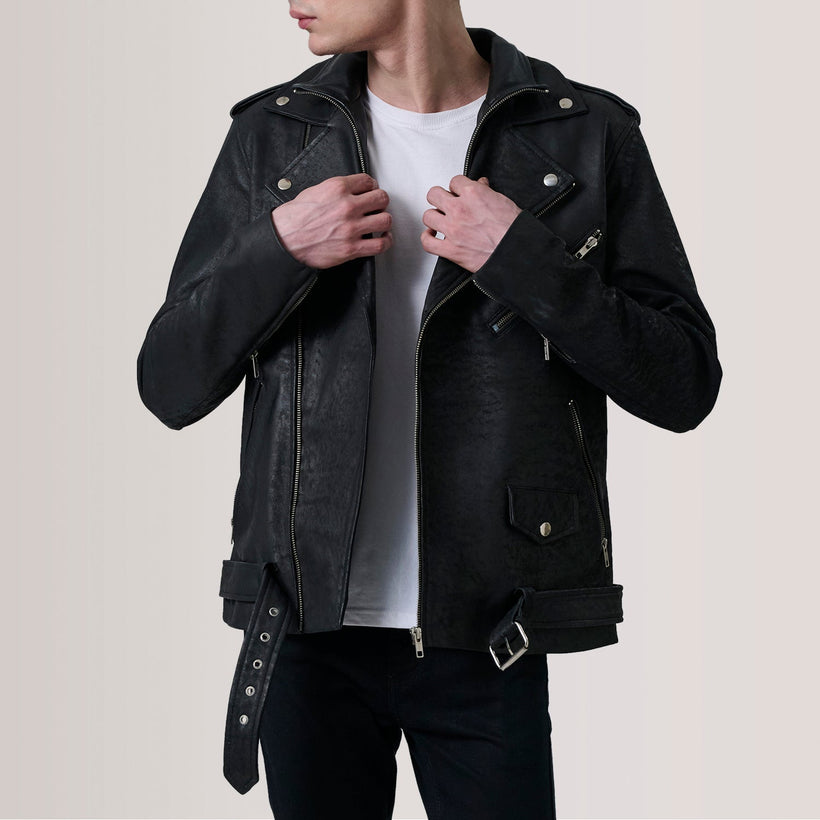 Kole Distressed შავი Leather Double Rider ტყავის ქურთუკი მამაკაცის