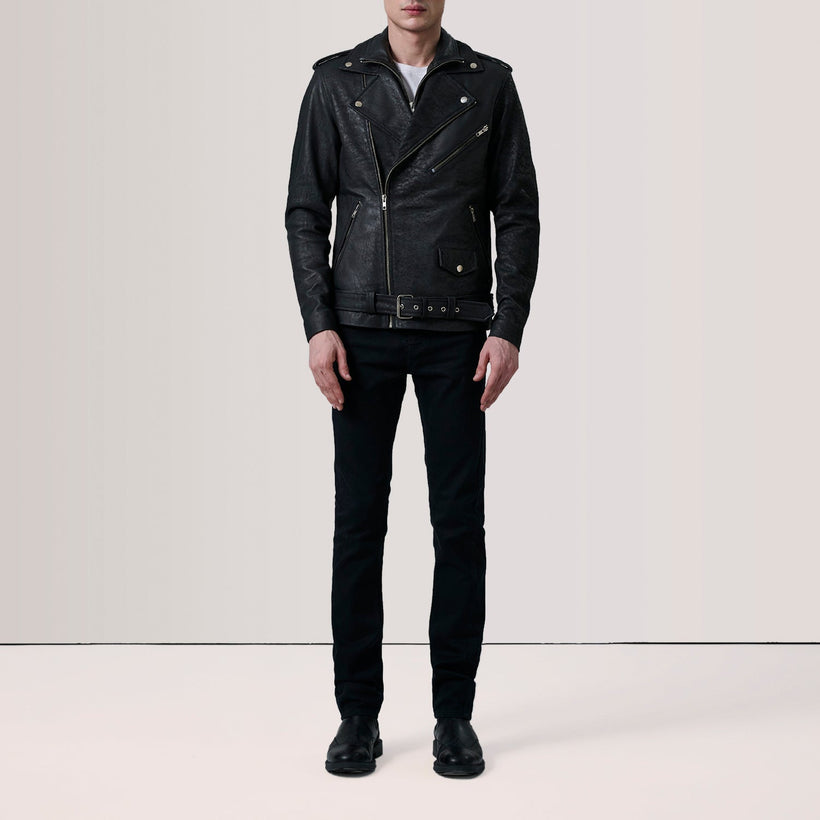 Kole Distressed შავი Leather Double Rider ტყავის ქურთუკი მამაკაცის