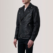 
Kole Distressed შავი Leather Double Rider ტყავის ქურთუკი მამაკაცის - გვერდითი პროფილი ერგონომიული სახელოს ჭრით