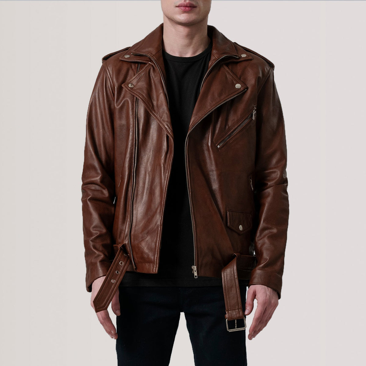 
Kole Waxed ყავისფერი Leather Double Rider ტყავის ქურთუკი მამაკაცის in Distressed Brown Sheepskin Burnished - წინა ხედი და მორგებული სილუეტი | შეიძინეთ ონლაინ