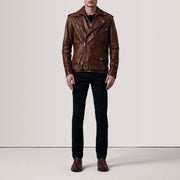 
Distressed Brown Sheepskin Burnished Biker Jacket - უკანა ხედი გამოკვეთილი მხრებით და სუფთა დაბოლოებით