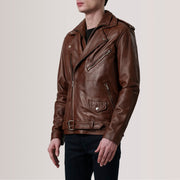 
Kole Waxed ყავისფერი Leather Double Rider ტყავის ქურთუკი მამაკაცის - გვერდითი პროფილი ერგონომიული სახელოს ჭრით
