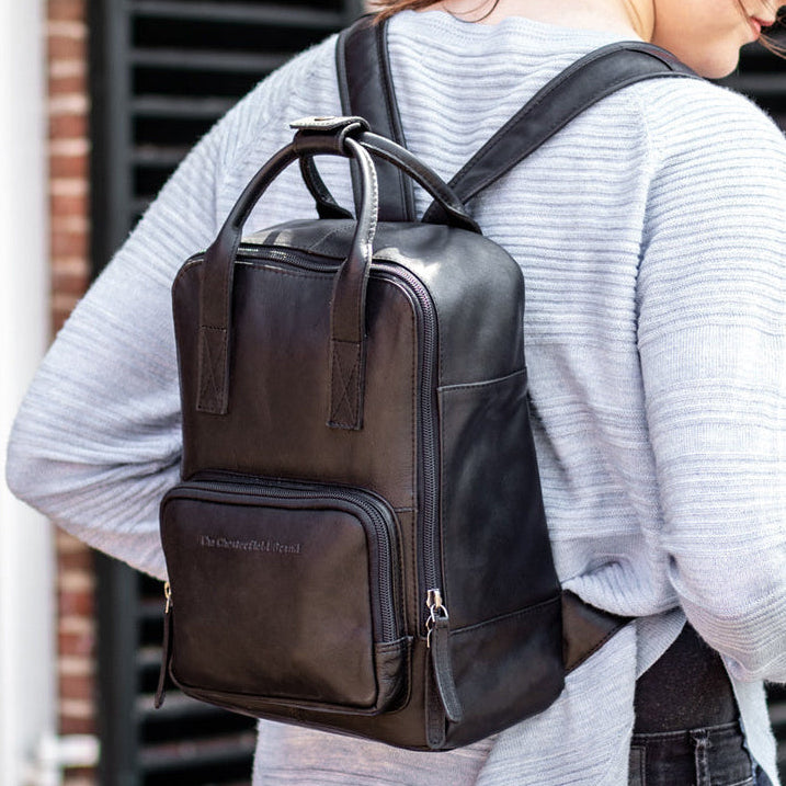 Classic 100% Full-Grain leather Backpack - Rear Perspective Showing Reinforced Leather Straps &amp; Stitching