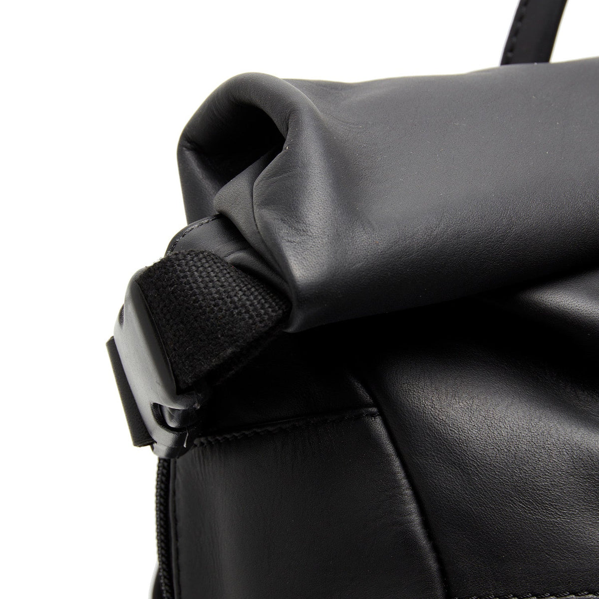 Mazara Full-Grain Leather Roll-top Backpack - Structured Side Profile Showing Gusset Depth &amp; Expansion Capacity