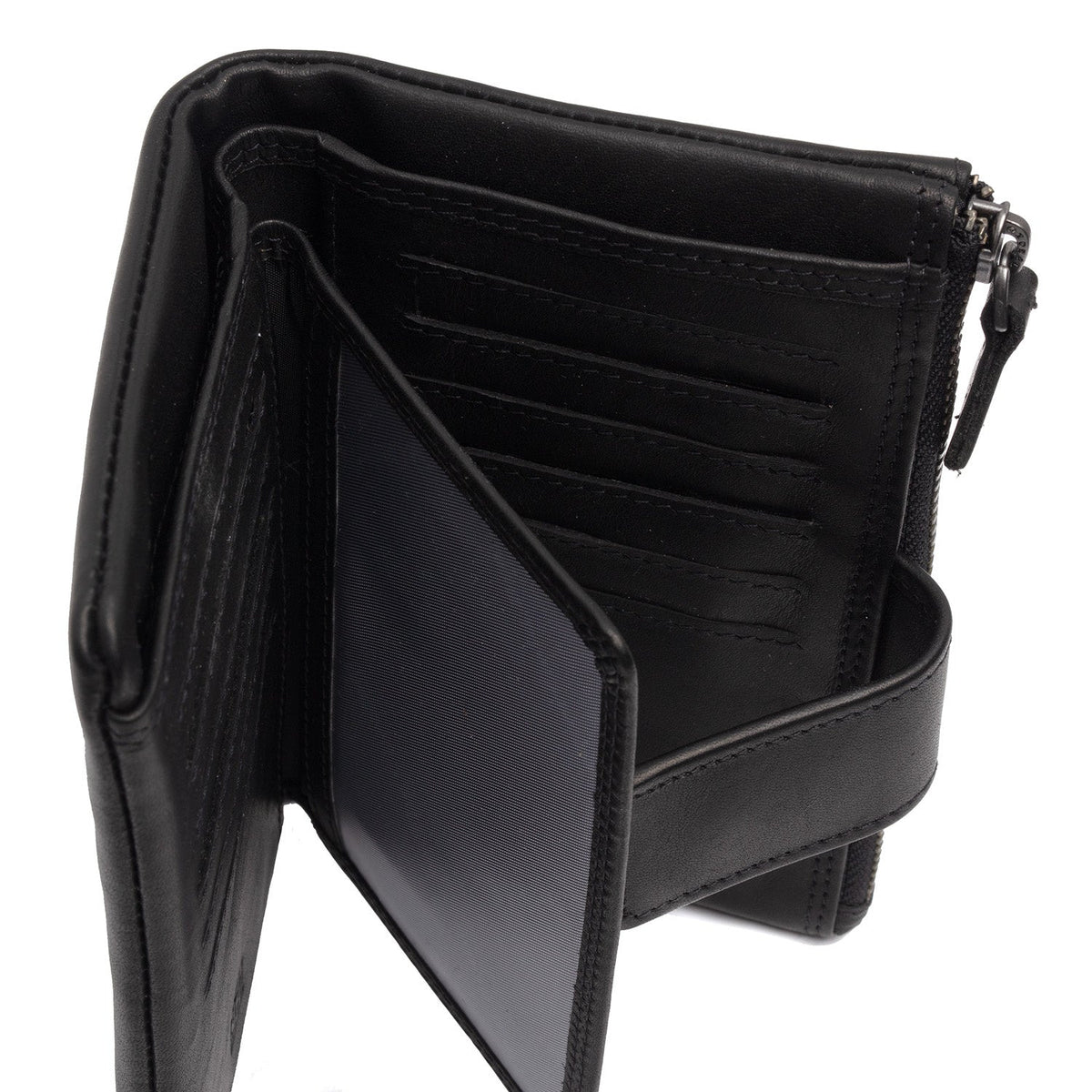 
Solid Antique Brass Hardware & Heavy-Duty Dual Zipper Detail on Landau ტყავის საფულე