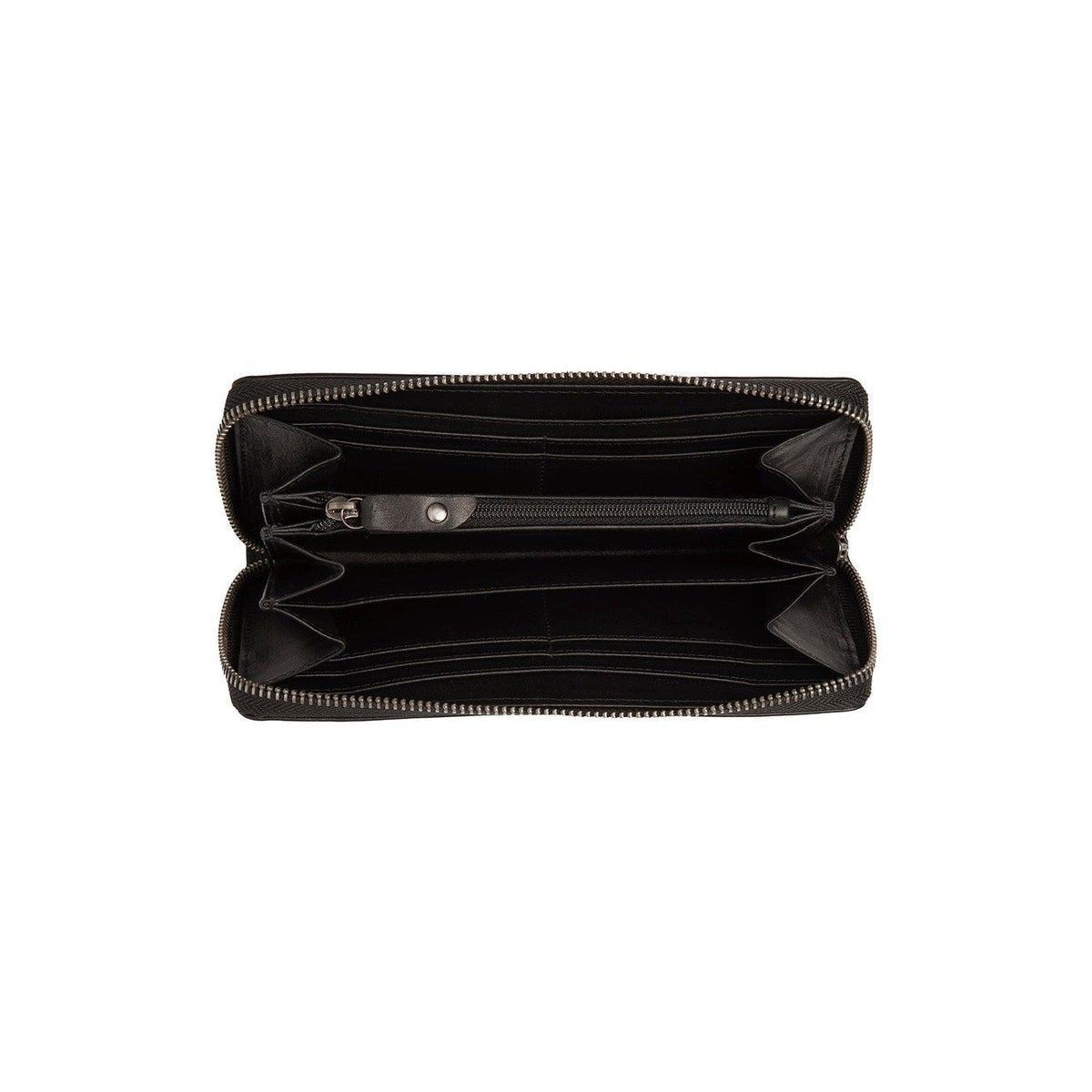 
Solid Antique Brass Hardware & Heavy-Duty Dual Zipper Detail on Livorno ტყავის საფულე